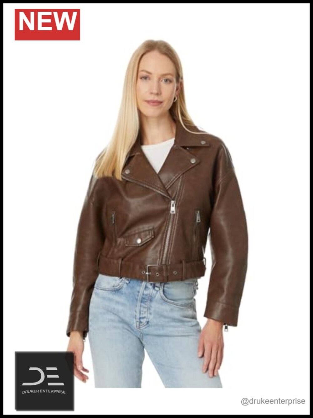 Faux Leather Cropped Moto Jacket Relaxed Fit Asymmetrical Zip